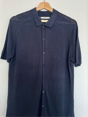 Mango Navy Short-Sleeve Button-Down Knit Shirt